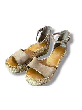 Kelly & Katie Tan Microfiber Wedge Sandals Womens Size 8M Open Toe Espadrille